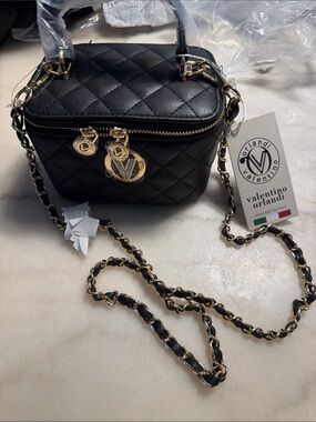 Valentino Orlandi Black Quilted Crossbody with Gold Chain Accents